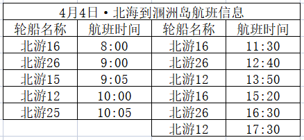 4月4日北海到潿洲島開船時(shí)刻表
